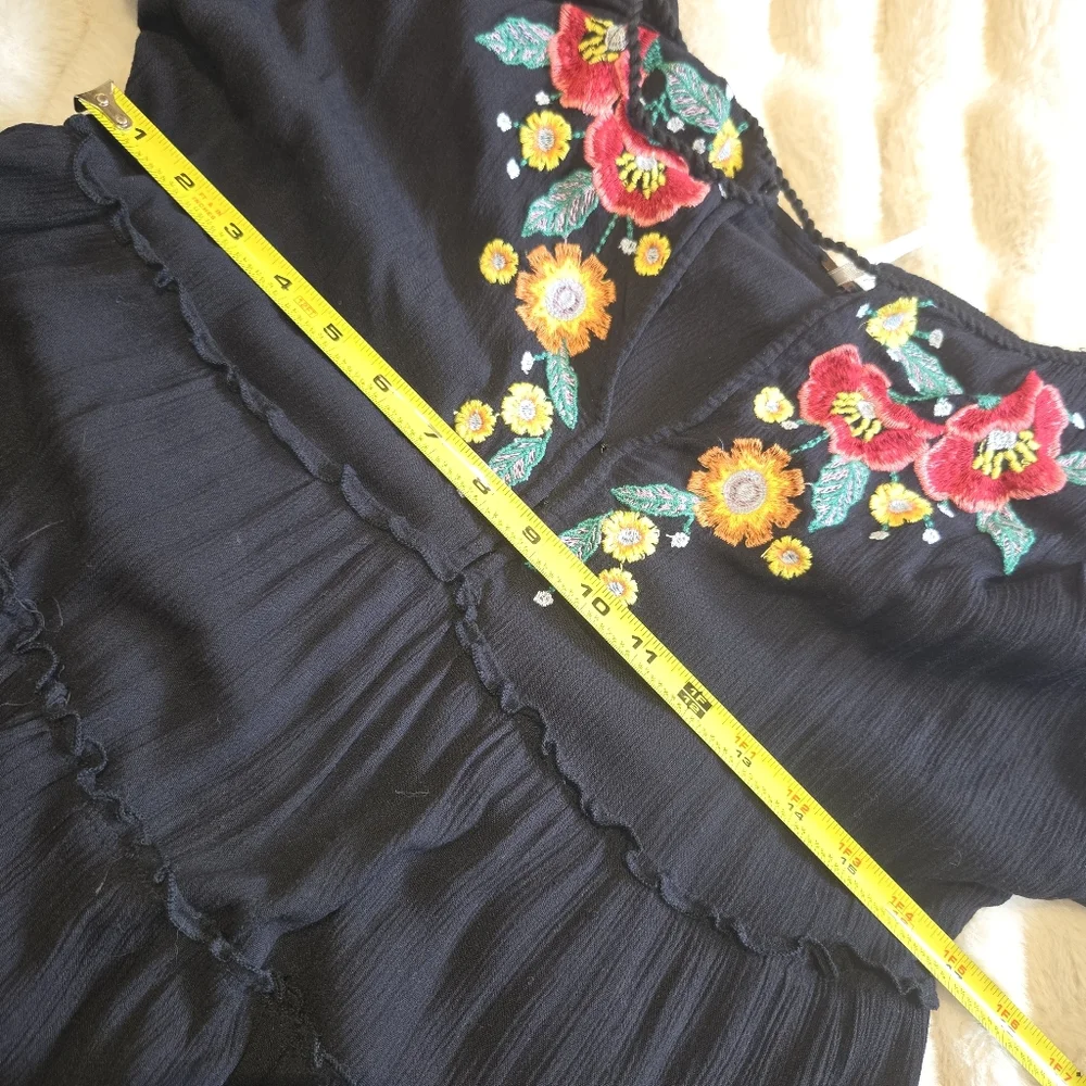 Free People Black Embroidered Balloon Sleeve Boho Oversized Tiered Dress [XS]